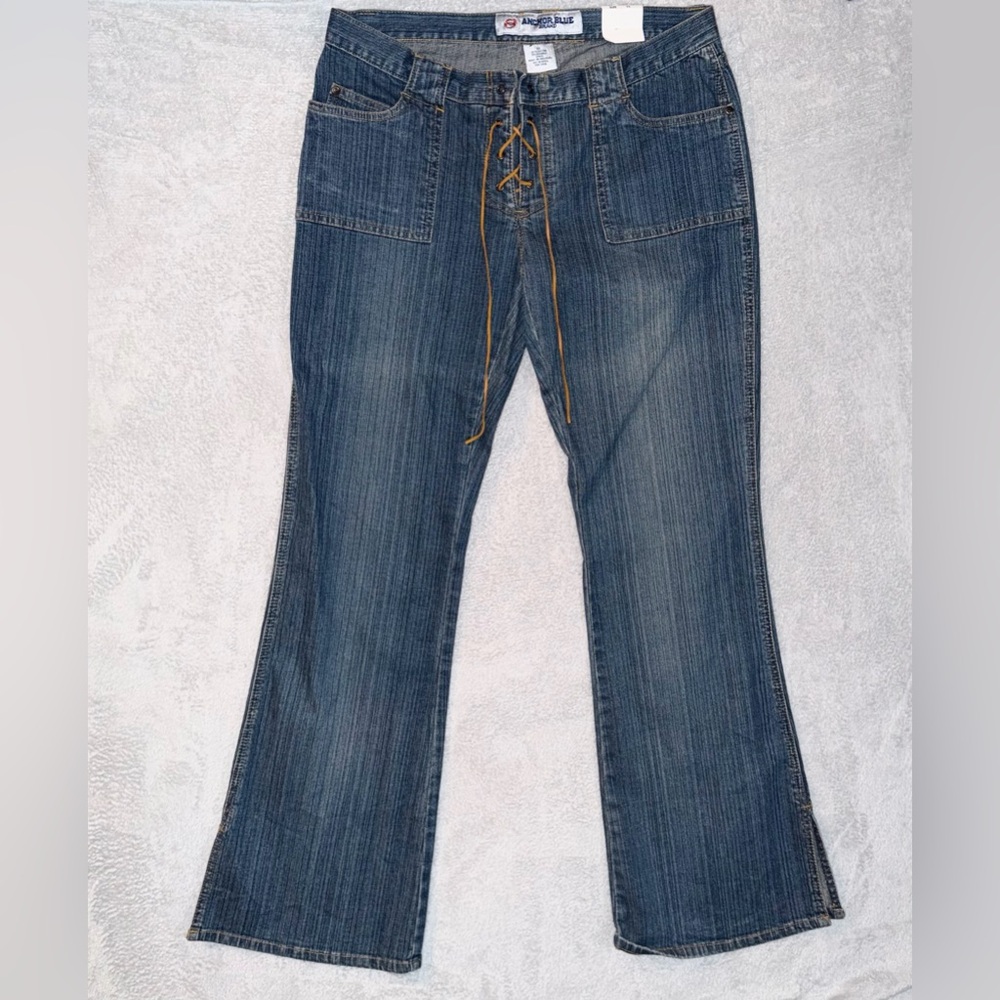 NWT Y2K Women’s 11 Anchor Blue Low Rise Jeans Tie Up‎ Boot Cut Slits On Hem